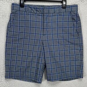 J.Lindeberg Mens Chino Golf Shorts 32 Blue Grey Plaid Regular Fit Stretch Pocket